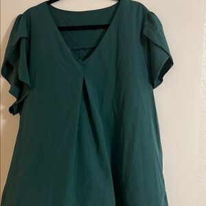 Forest Green V-Neck Cap Sleeve Asymmetrical Ruffled Blouse